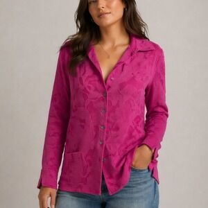 Jones New York Jacquard Silk Button Top Blouse Size L 14 Pink Magenta Feminine